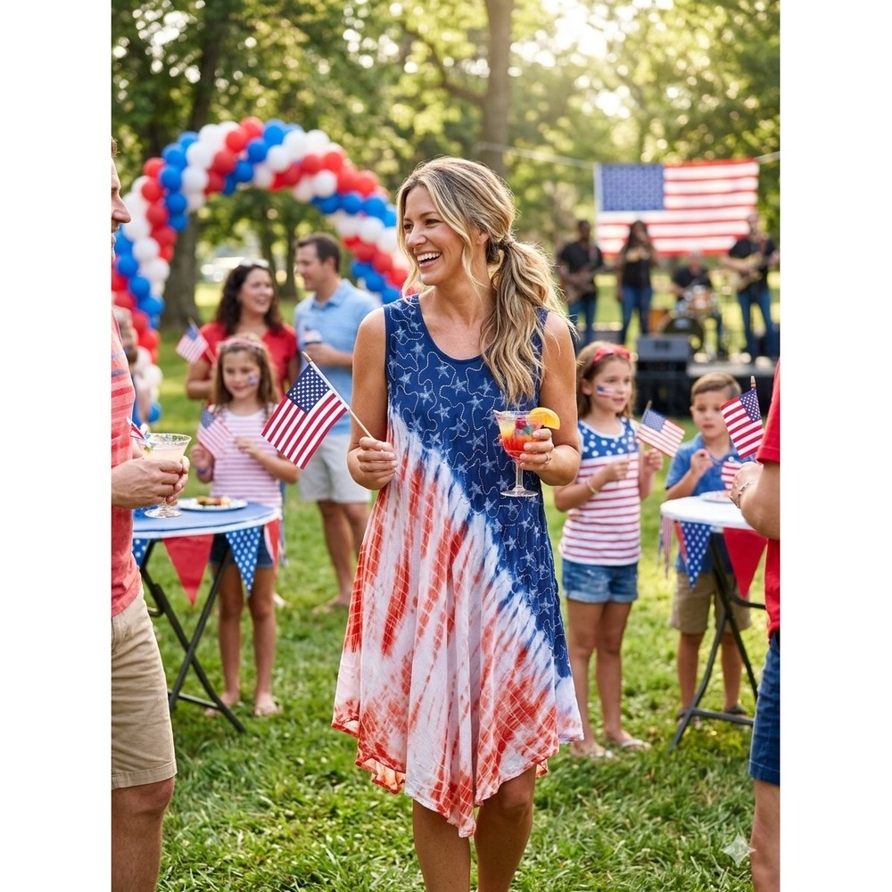 Jessica Taylor Patriotic Americana Tie Dye Star Embroidered Sharkbite Dress OS